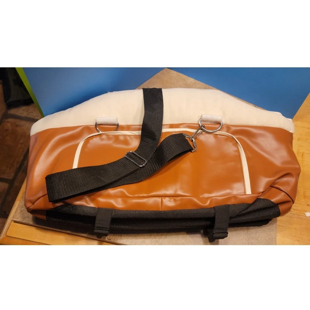 Brown Faux Leather and Cream Canvas Small Pet Carrier Bag with Shoulder Strap